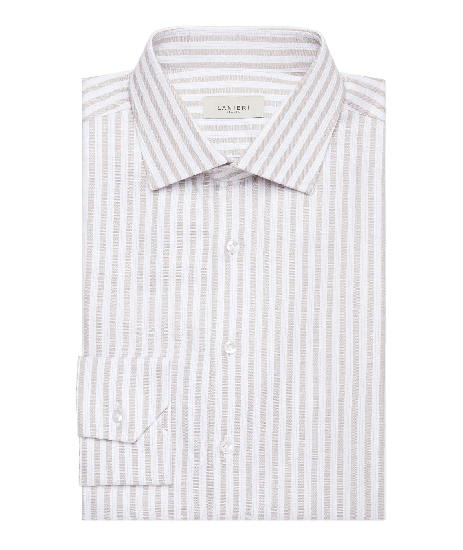 Camicia in cotone-lino rigata bianca e beige - Image 3