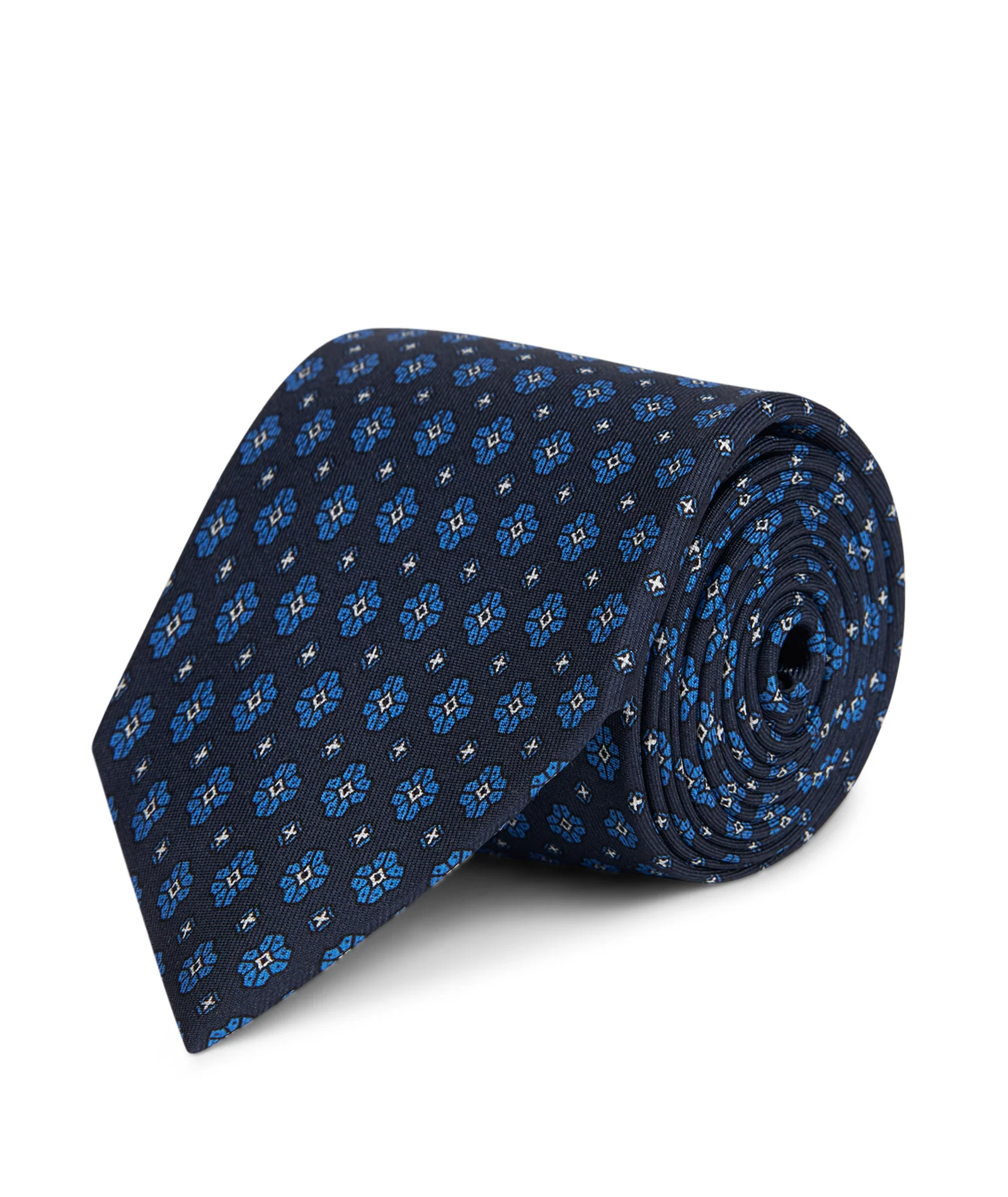 Cravatta in seta fantasia medaglioni blu e azzurro