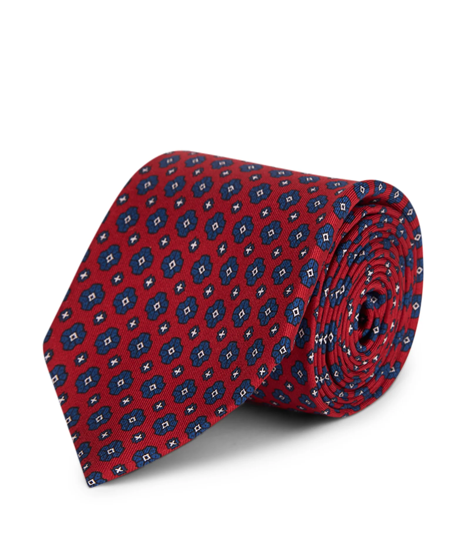 Cravatta in seta fantasia medaglioni blu e rossa