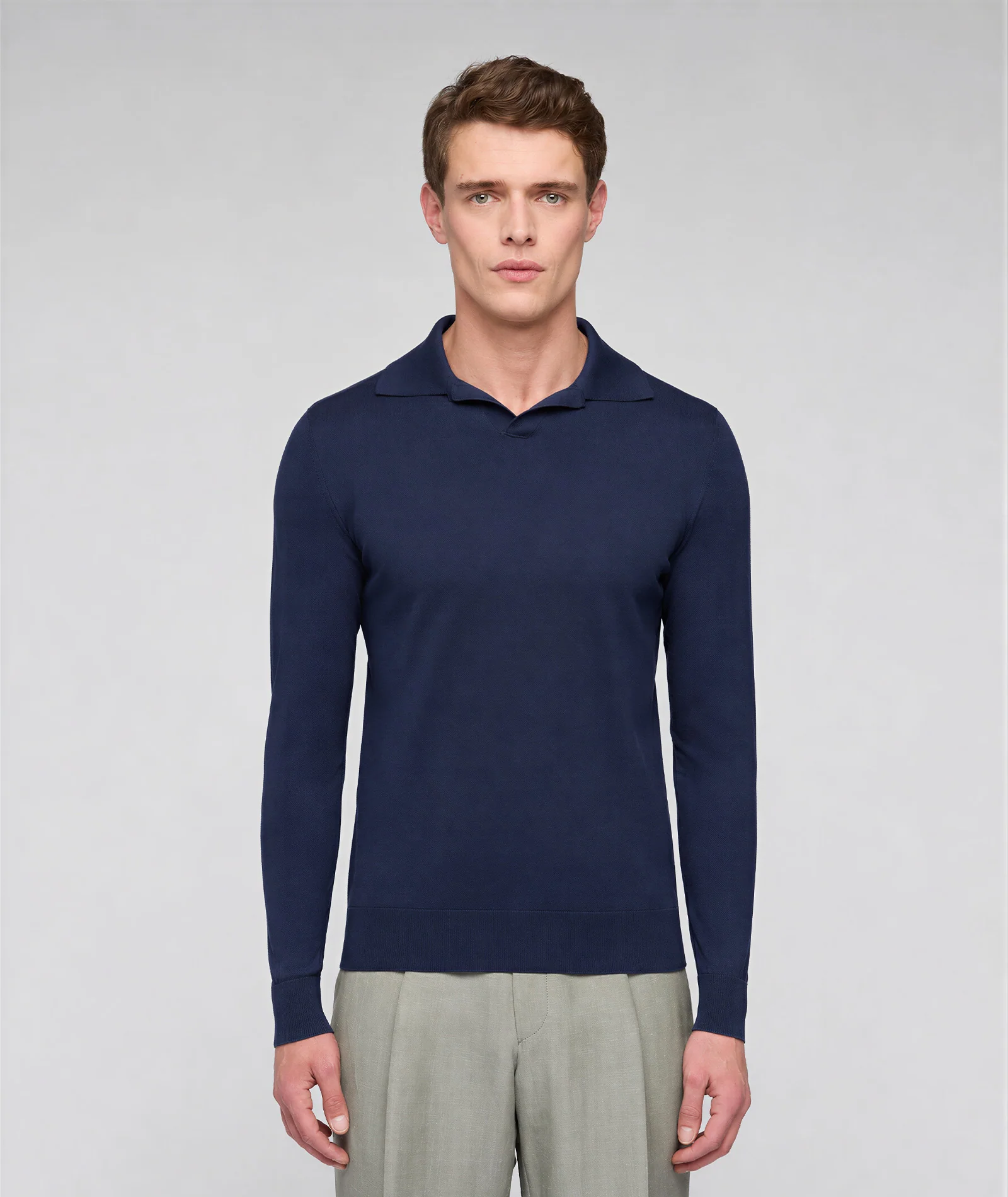 Maglia in cotone con collo polo maniche lunghe blu notte