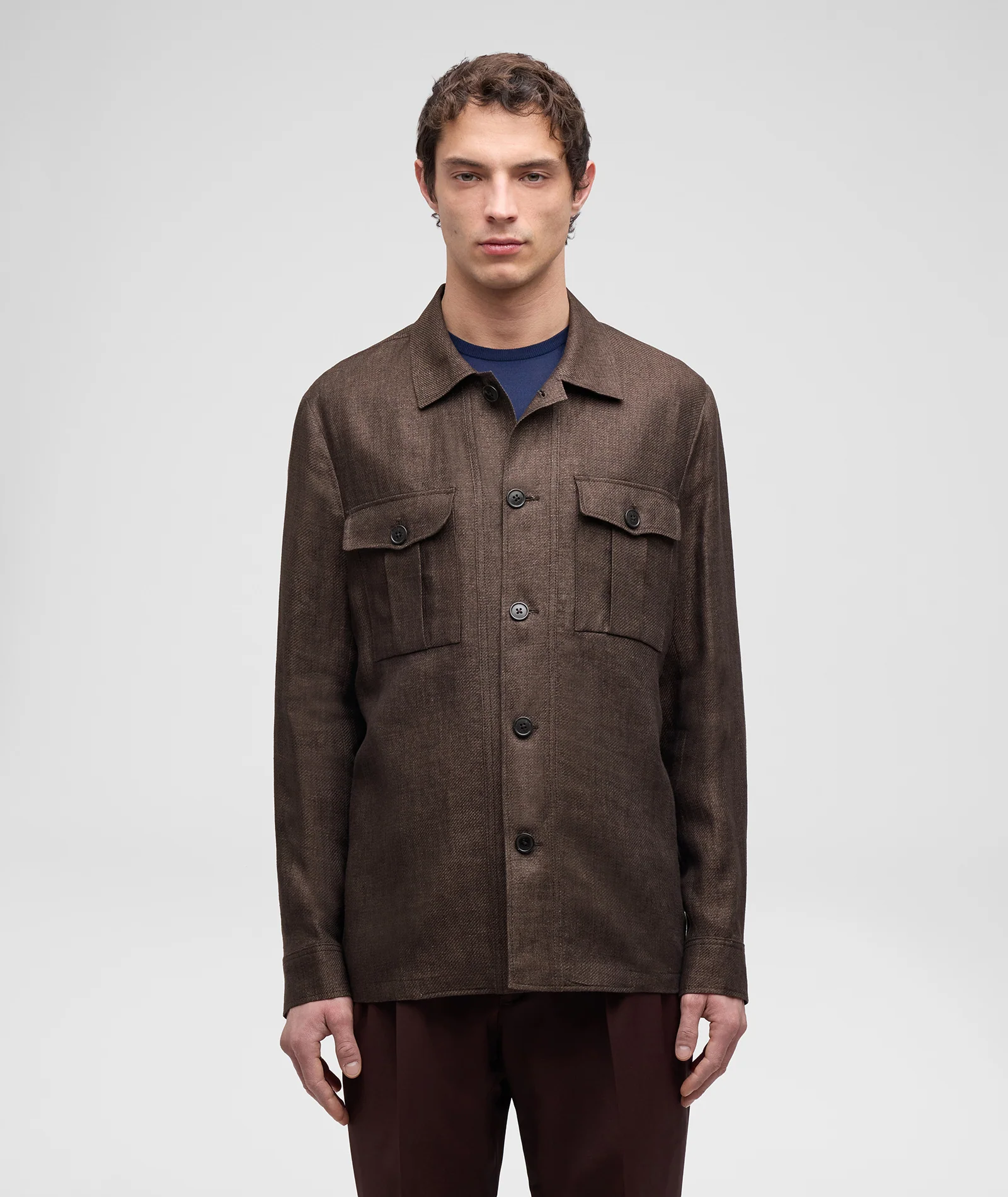 Overshirt in lino microdesign diagonale marrone